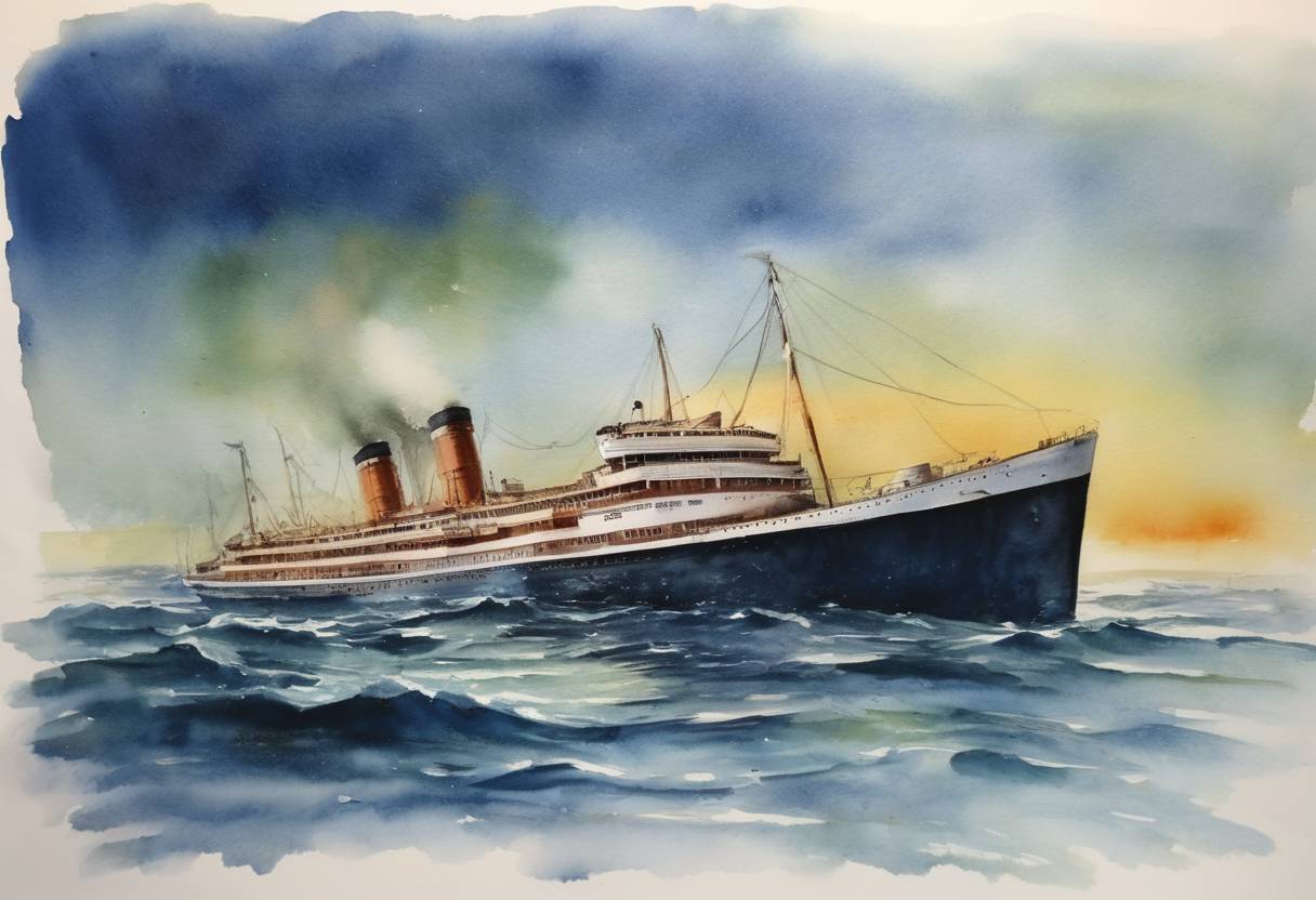 Watercolor painting based depiction of At approximately midnight (GMT), the Italian liner 'SS Andrea Doria' capsized and sank, after colliding with the Swedish liner 'MS Stockholm' off the coast of Nantucket, Massachusetts, on July 25, 1956. The details of the sinking, investigation, and salvage operations became a prolonged affair that also highlighted trans-Atlantic passenger shipping's decline. (1961)