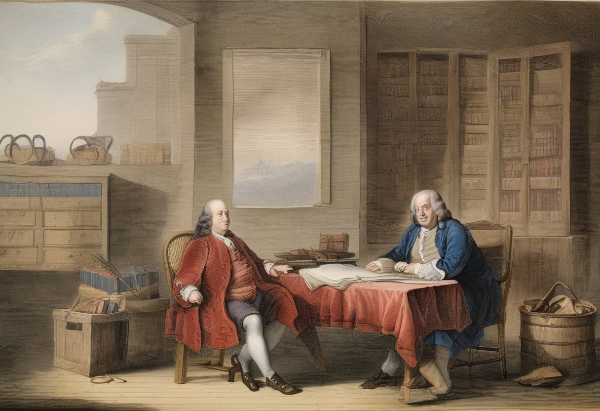 Watercolor painting based depiction of Benjamin Franklin began publication of 'Poor Richard's Almanack', an annual publication that became very popular in the American colonies. (1732)