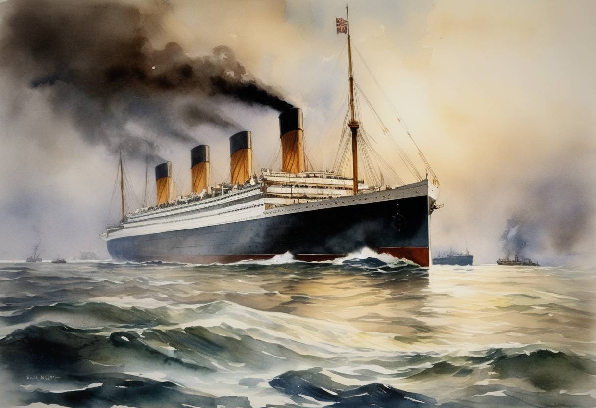 Watercolor painting based depiction of The White Star Line's RMS Olympic, sister ship to the ill-fated Titanic, is in a collision with the British cruiser HMS Hawke off the Isle of Wight, resulting in significant damage to the Olympic. (1911)