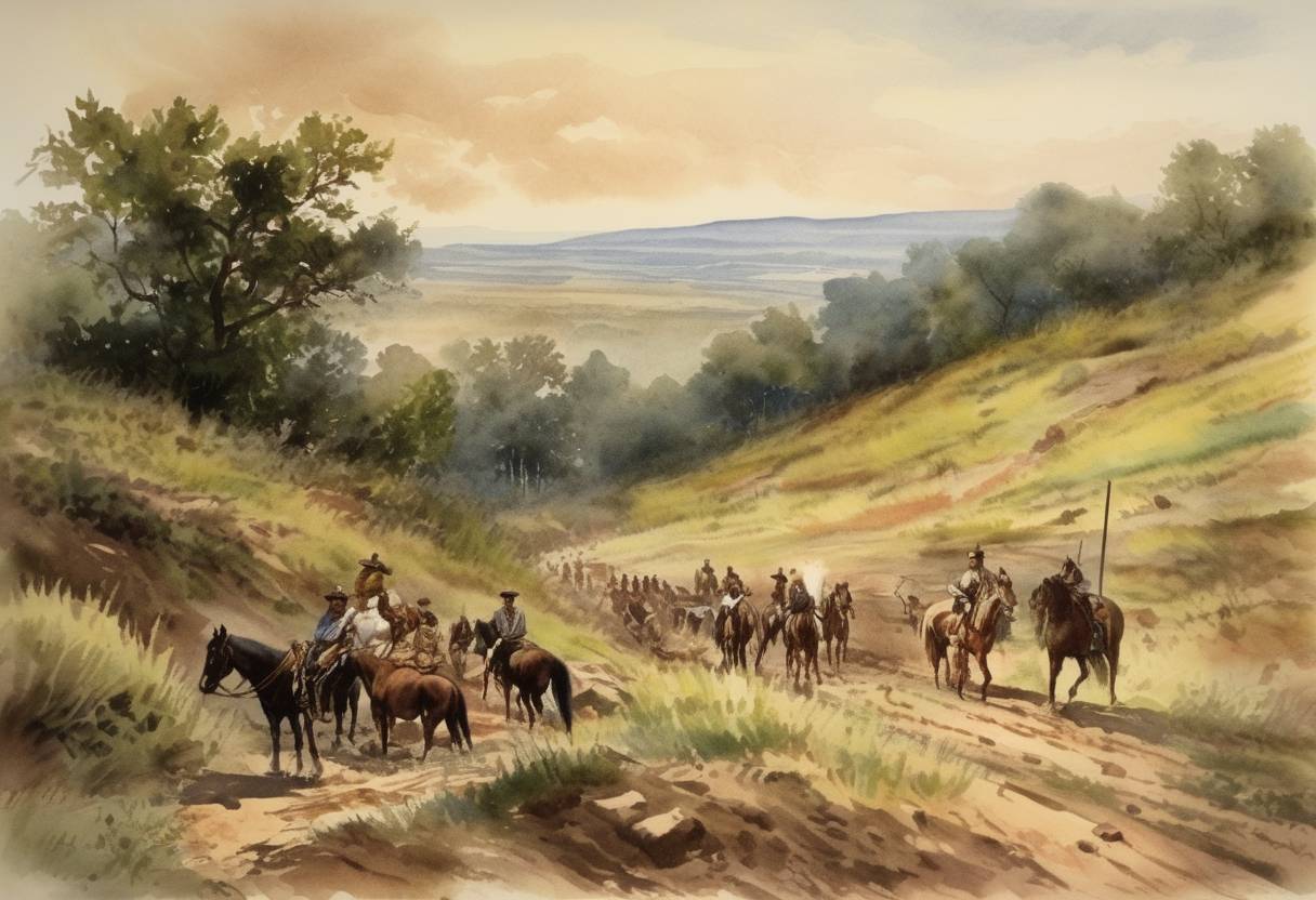 Watercolor painting based depiction of Settlers made their first run into the Cherokee Strip land in what is now part of the U.S. state of Oklahoma. (1893)
