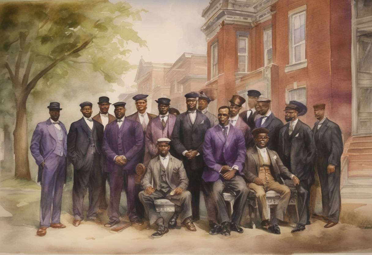 Watercolor painting based depiction of The Omega Psi Phi fraternity is founded at Howard University. (1911)