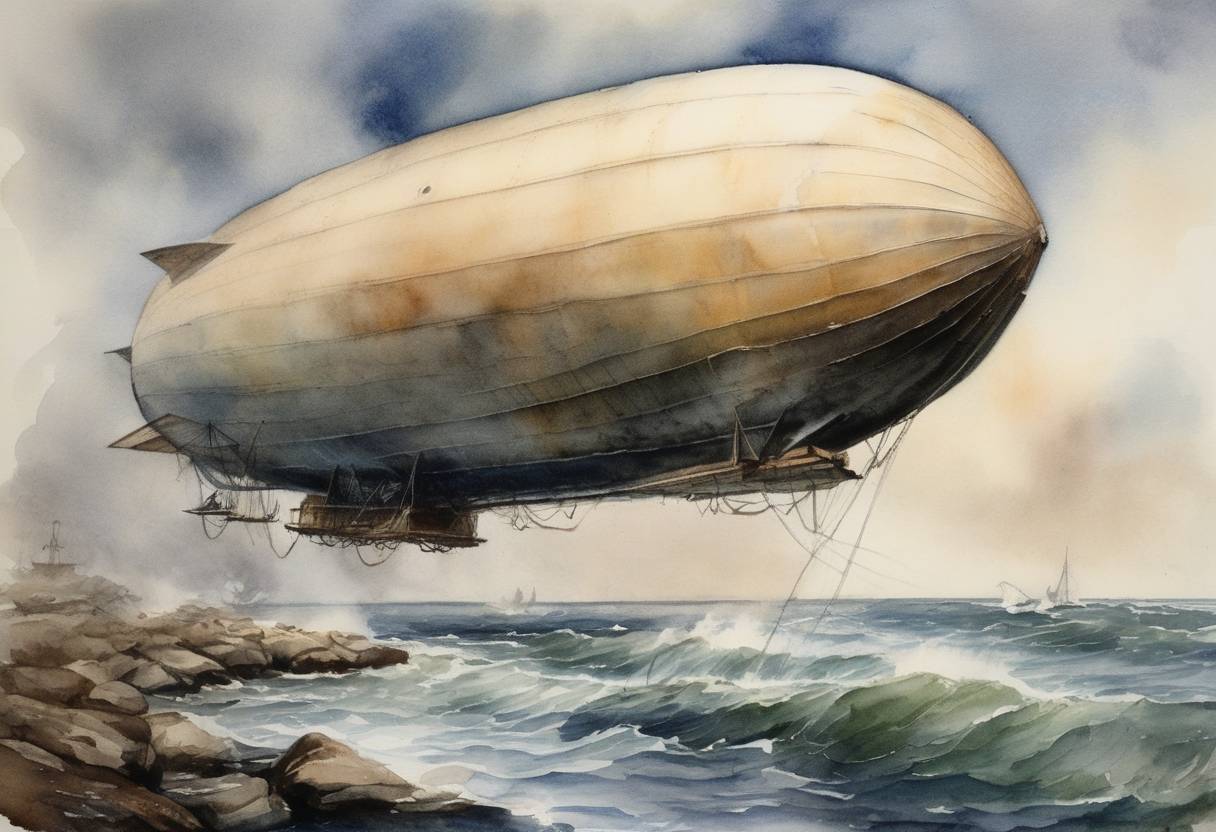 Watercolor painting based depiction of The United States' dirigible USS Akron crashed off the coast of New Jersey due to severe weather, resulting in the deaths of 73 of the 76 aboard. It was the deadliest airship disaster in history at that time. (1933)
