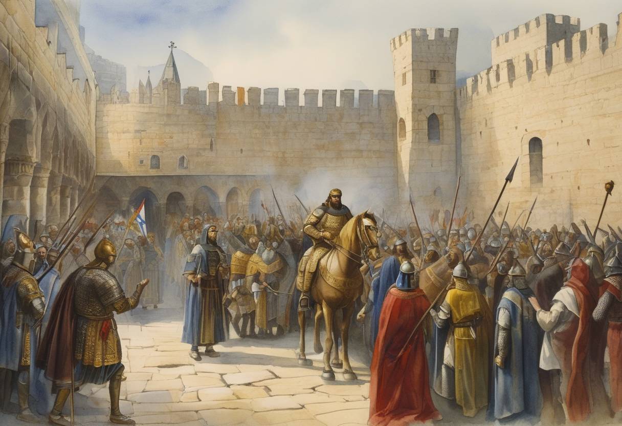 Watercolor painting based depiction of Godfrey of Bouillon is elected as the first ruler of the Kingdom of Jerusalem after the capture of Jerusalem during the First Crusade. (1099)