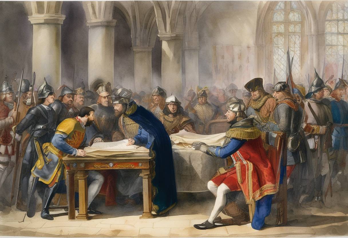 Watercolor painting based depiction of The Treaty of Brétigny, negotiated between England and France as part of the series of treaties ending the first phase of the Hundred Years' War, was returned to Edward III of England after John II of France was released back to English captivity. This treaty marked a significant point in the war, although its terms were unstable and contributed to further conflict. (1363)