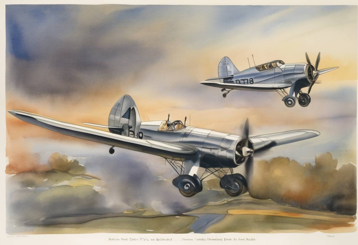 Watercolor painting based depiction of Wiley Post and Harold Gatty began their record-setting flight around the world, leaving from Roosevelt Field in New York. (1931)