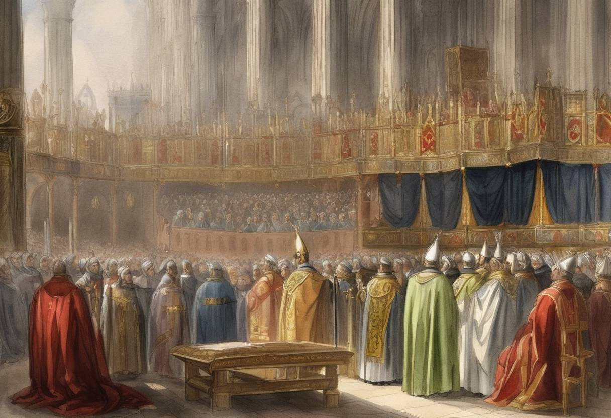 Watercolor painting based depiction of The Synod of Worms rejected the validity of Gregory VII's papacy during the Investiture Controversy, a conflict between the papacy and secular European powers over the appointment of church officials. (1076)