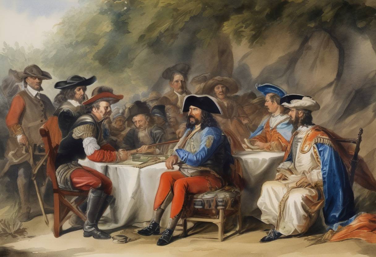 Watercolor painting based depiction of The Treaty of the Pyrenees was ratified by France and Spain, formally ending the Franco-Spanish War, which lasted from 1635 until 1659. This treaty weakened Spain's global influence and marked the ascent of France as a major European power under King Louis XIV. (1660)