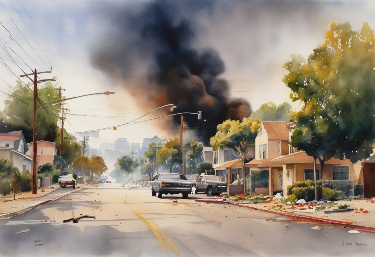 Watercolor painting based depiction of The Los Angeles riots began, sparked by the acquittal of police officers involved in the beating of Rodney King. (1992)