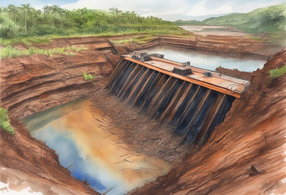 Watercolor painting based depiction of A dam holding back waste water from an iron ore mine in Brazil collapsed, causing a massive environmental disaster. The incident, known as the Mariana dam disaster, resulted in 19 deaths and widespread environmental damage. (2015)