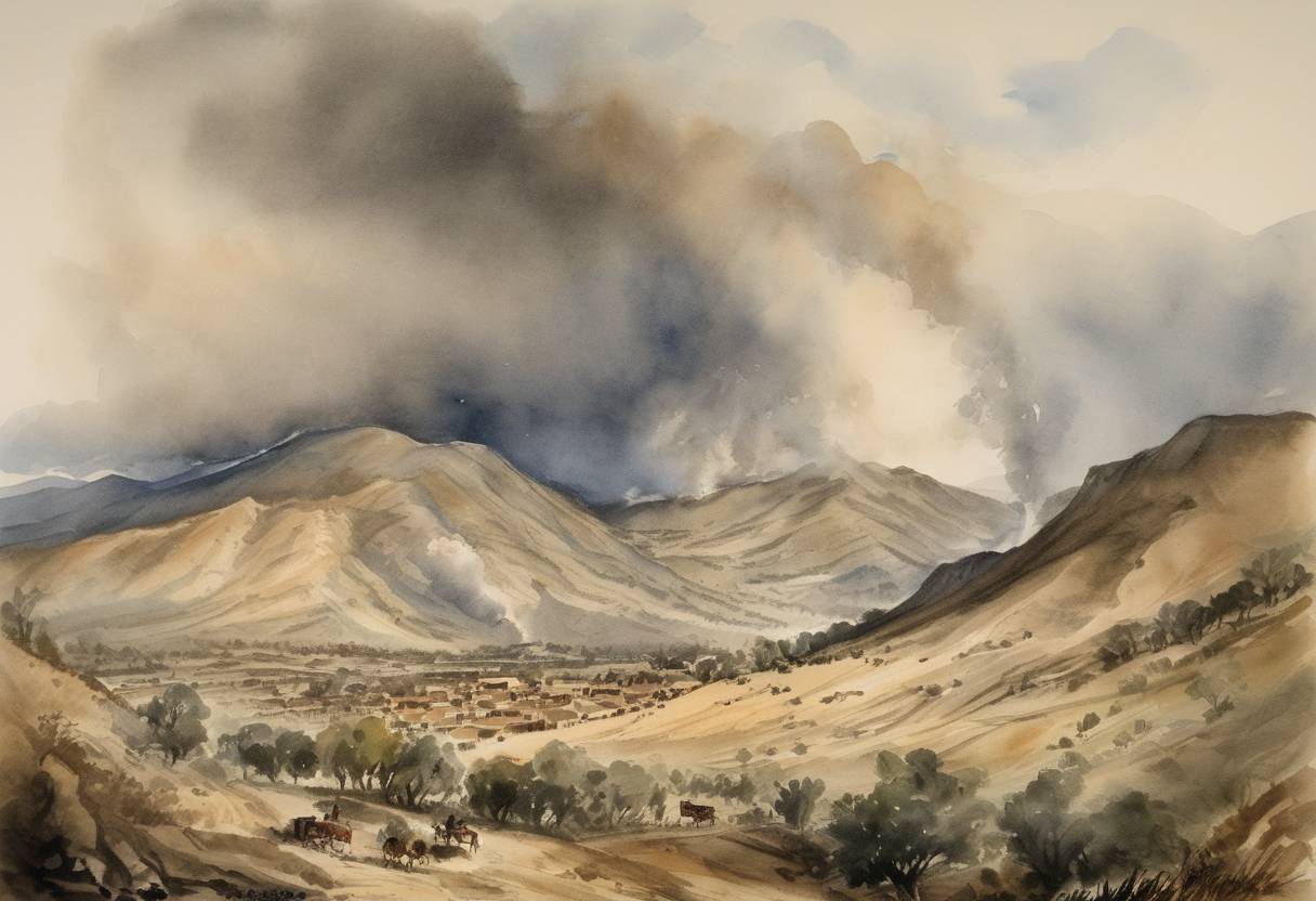 Watercolor painting based depiction of The Fort Tejon earthquake, with an estimated magnitude of 7.9, shook Southern California. It was one of the most powerful earthquakes in the state's history. (1857)