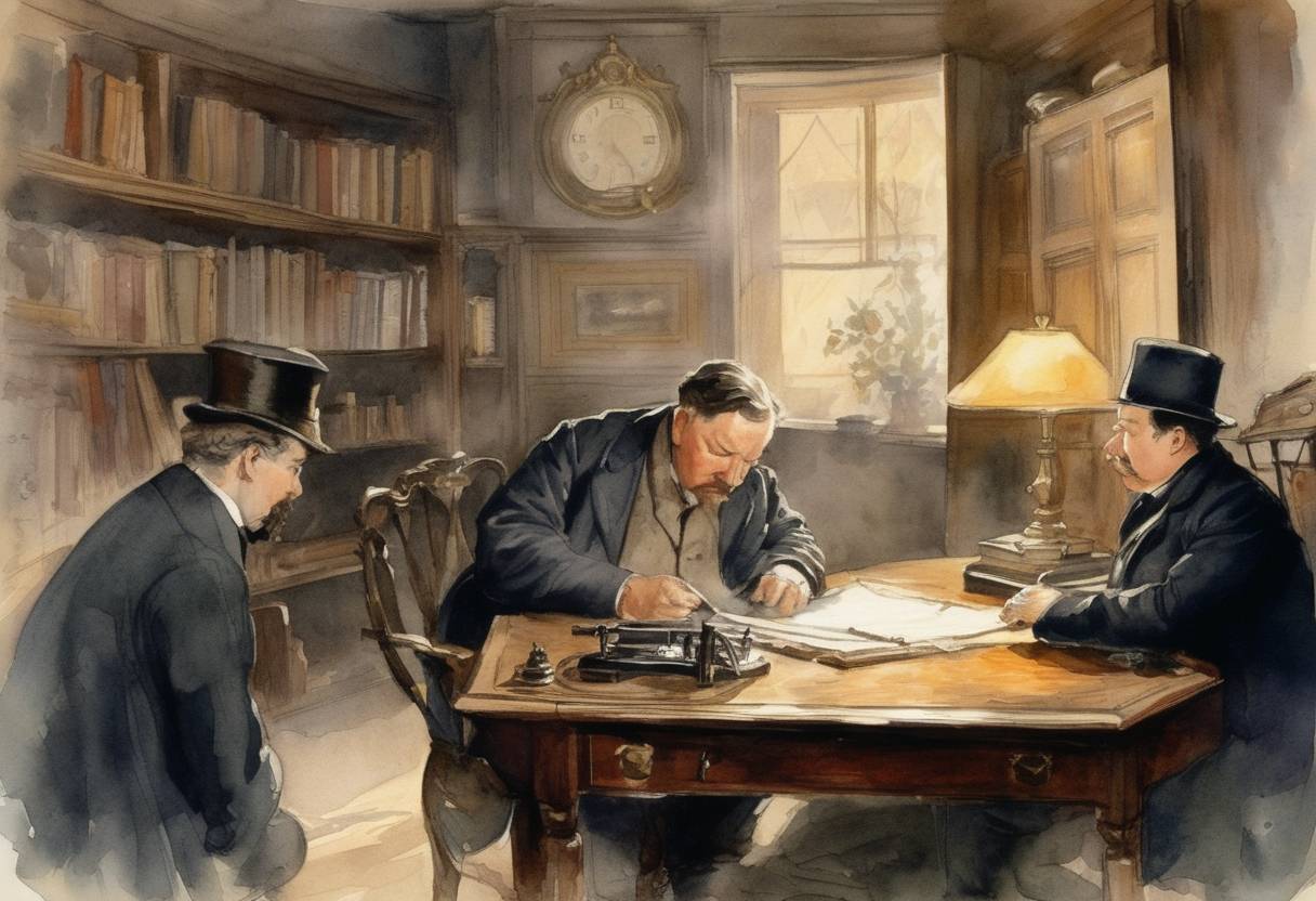 Watercolor painting based depiction of The British science fiction writer, Arthur Conan Doyle, publishes his second Sherlock Holmes novel, 'The Sign of Four', adding more depth to the detective genre. (1890)