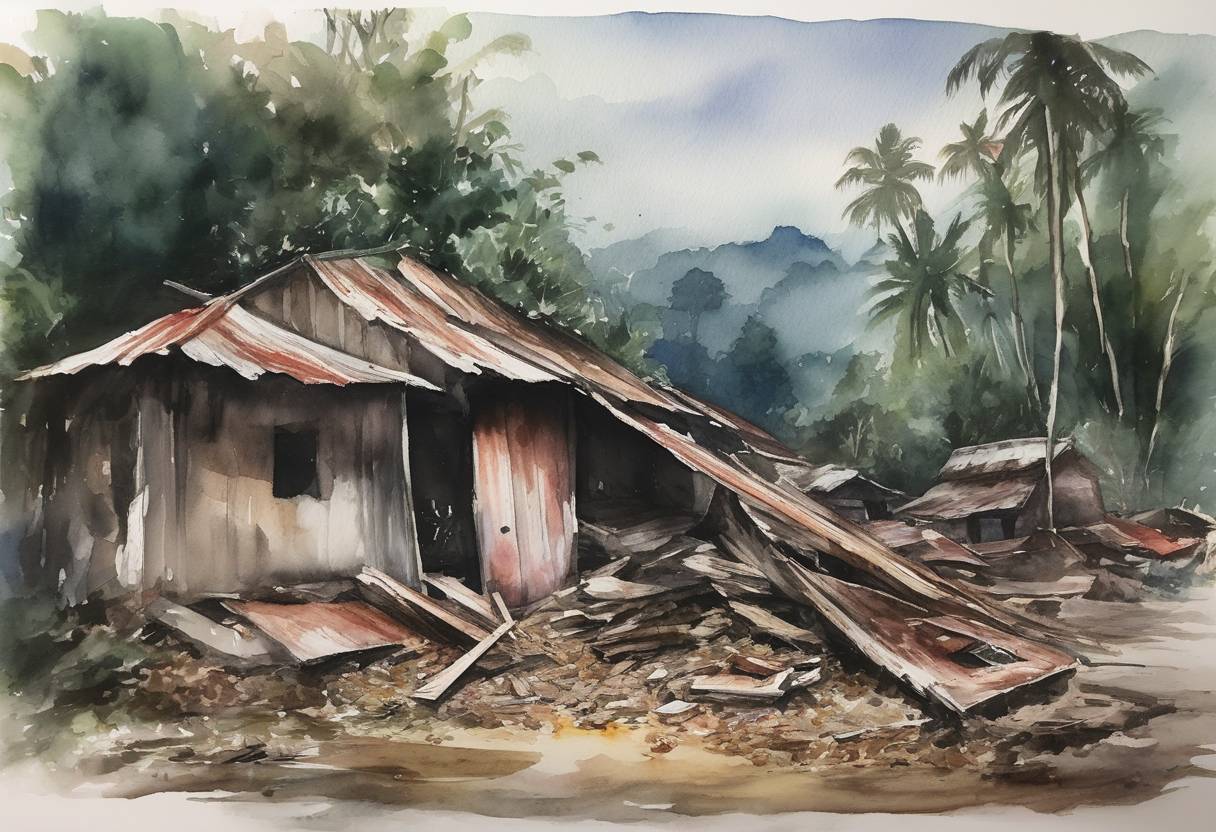 Watercolor painting based depiction of An earthquake of magnitude 6.2 struck the island of Sulawesi in Indonesia, causing widespread damage and resulting in at least 105 deaths and over 3,300 injuries. (2021)