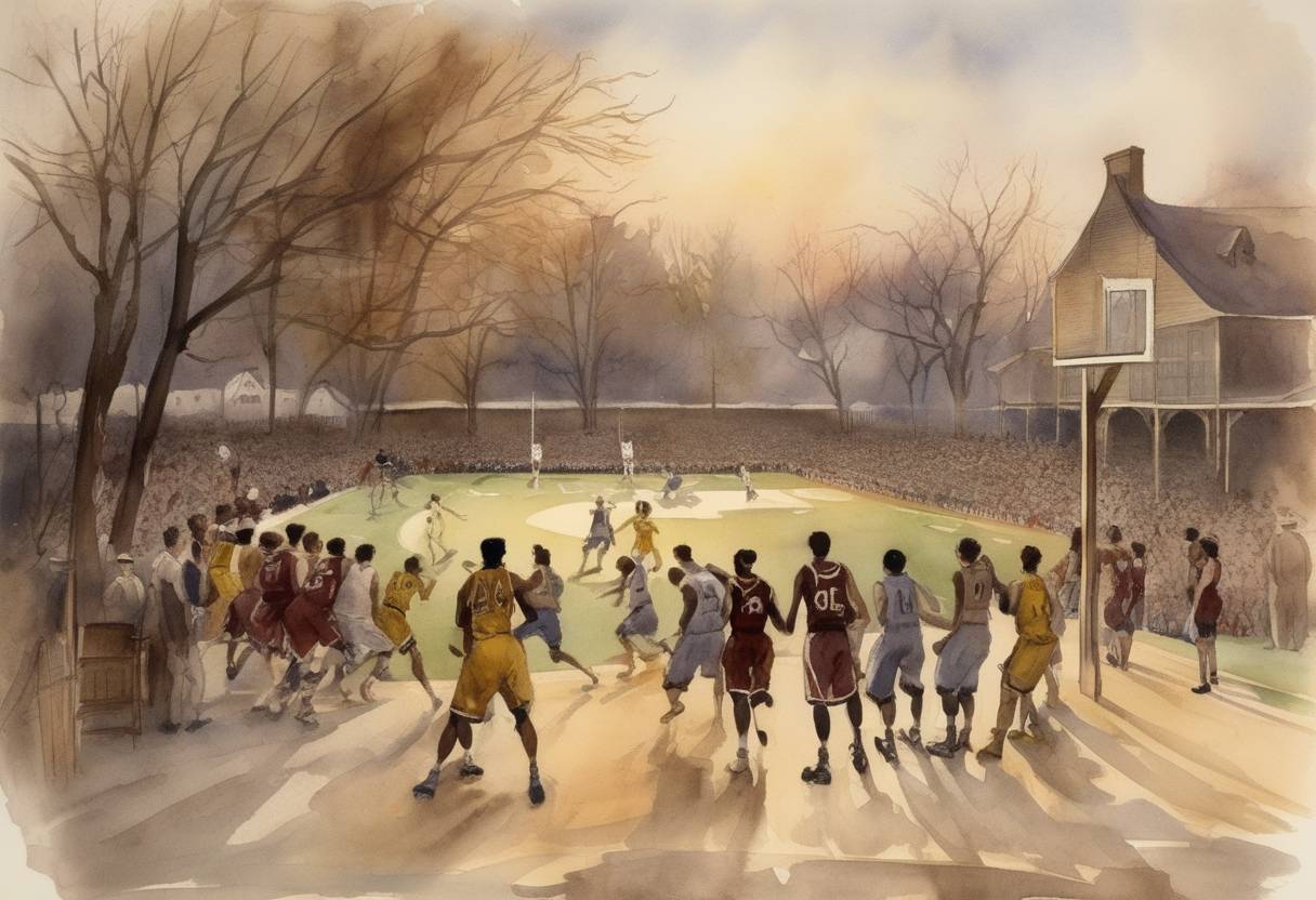 Watercolor painting based depiction of The first college basketball game with five-man teams was played by the University of Iowa and the University of Chicago in Iowa City, Iowa. (1896)