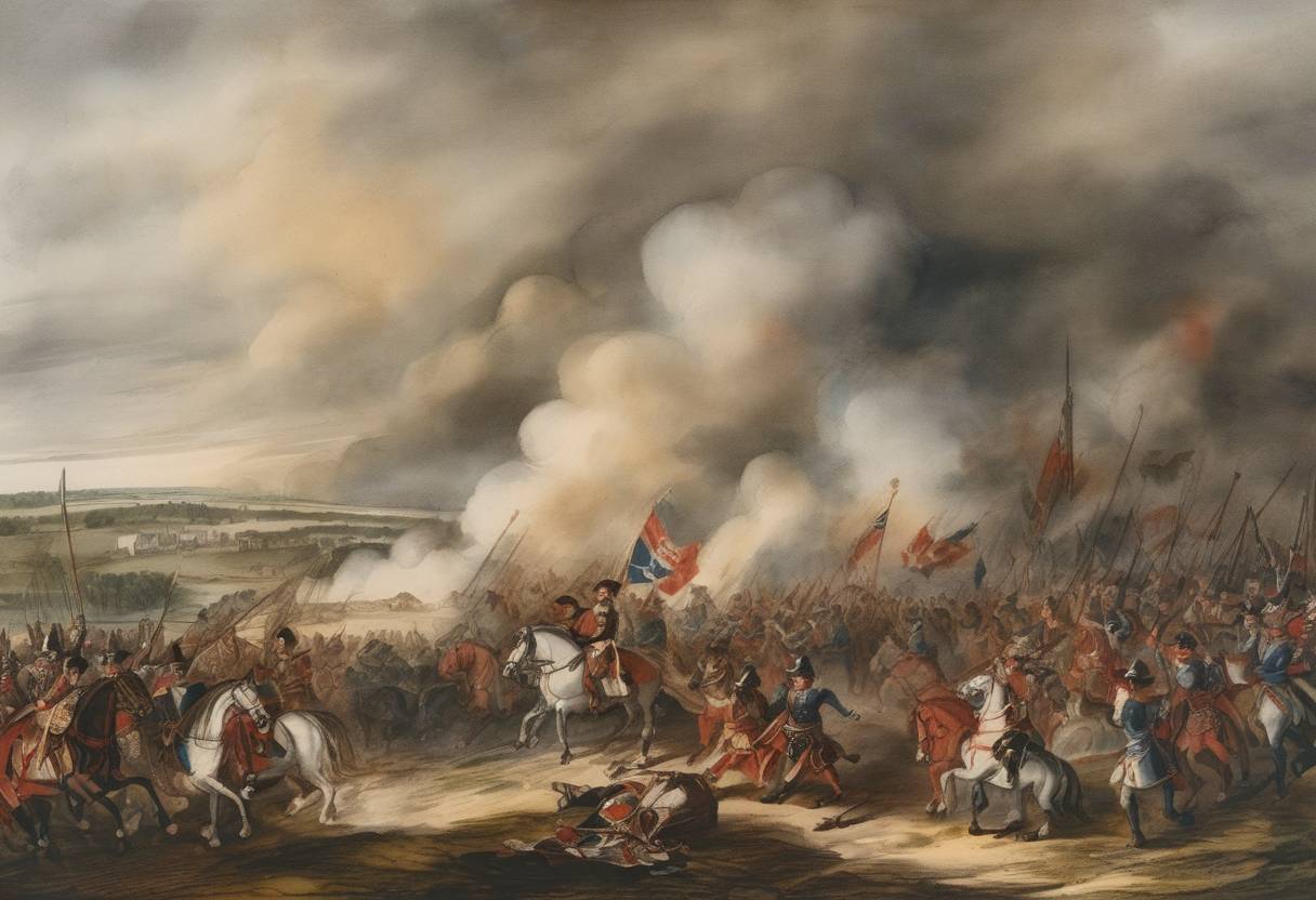 Watercolor painting based depiction of The Battle of the Boyne occurred, with the forces of Protestant King William III defeating the Catholic King James II in Ireland. (1690)