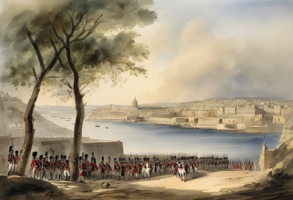 Watercolor painting based depiction of French forces under General Napoleon Bonaparte occupied Malta. (1798)