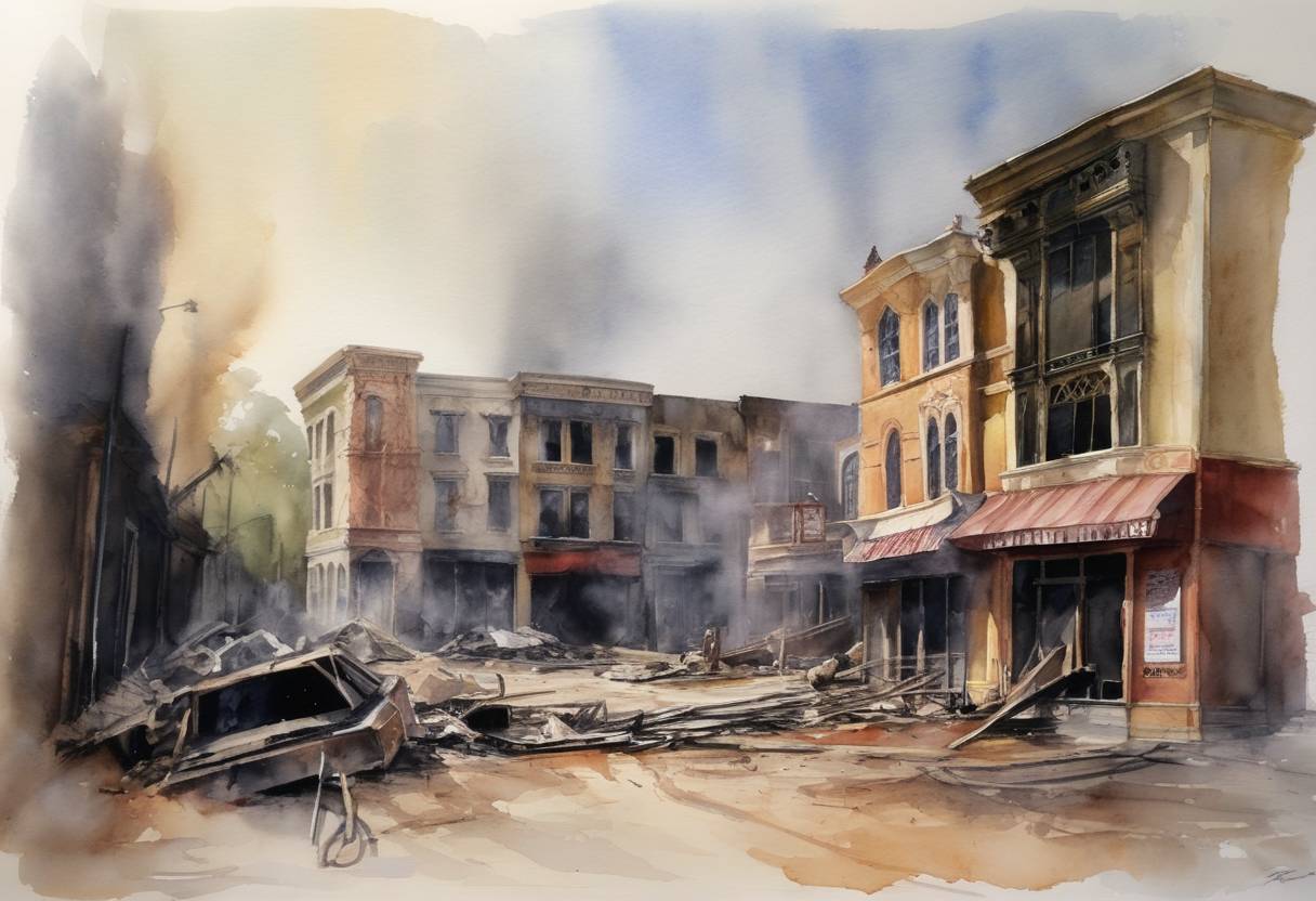 Watercolor painting based depiction of A fire devastated a backlot at Universal Studios Hollywood, destroying multiple movie sets. (2008)