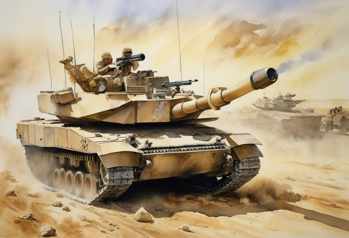 Watercolor painting based depiction of The Battle of Khafji begins during the Gulf War, marking the first major ground engagement of the conflict between Iraqi troops and coalition forces led by Saudi Arabia. (1991)