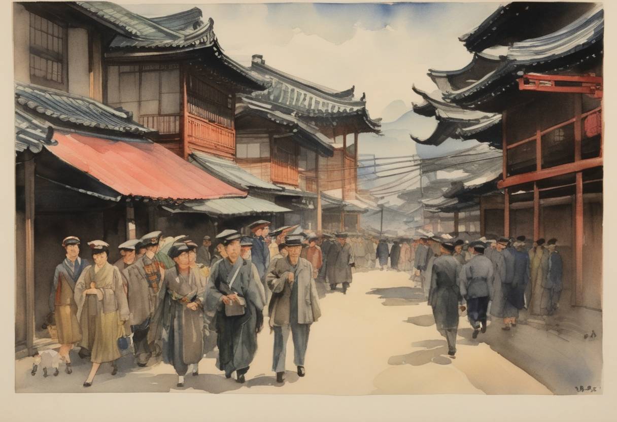 Watercolor painting based depiction of Japan announced it would leave the League of Nations, formally withdrawing from the organization following the League's response to the Japanese invasion of Manchuria. (1933)