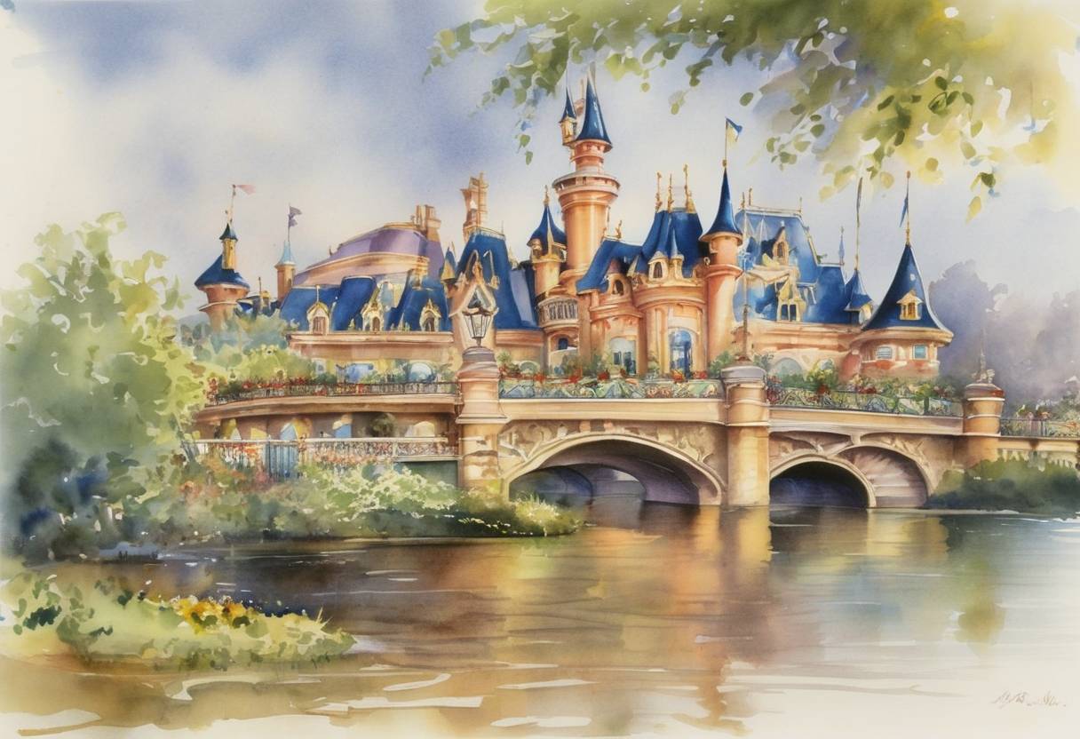 Watercolor painting based depiction of Euro Disneyland (now Disneyland Paris) opened in Marne-la-Vallée, France, as Disney's second theme park internationally and first in Europe. (1992)