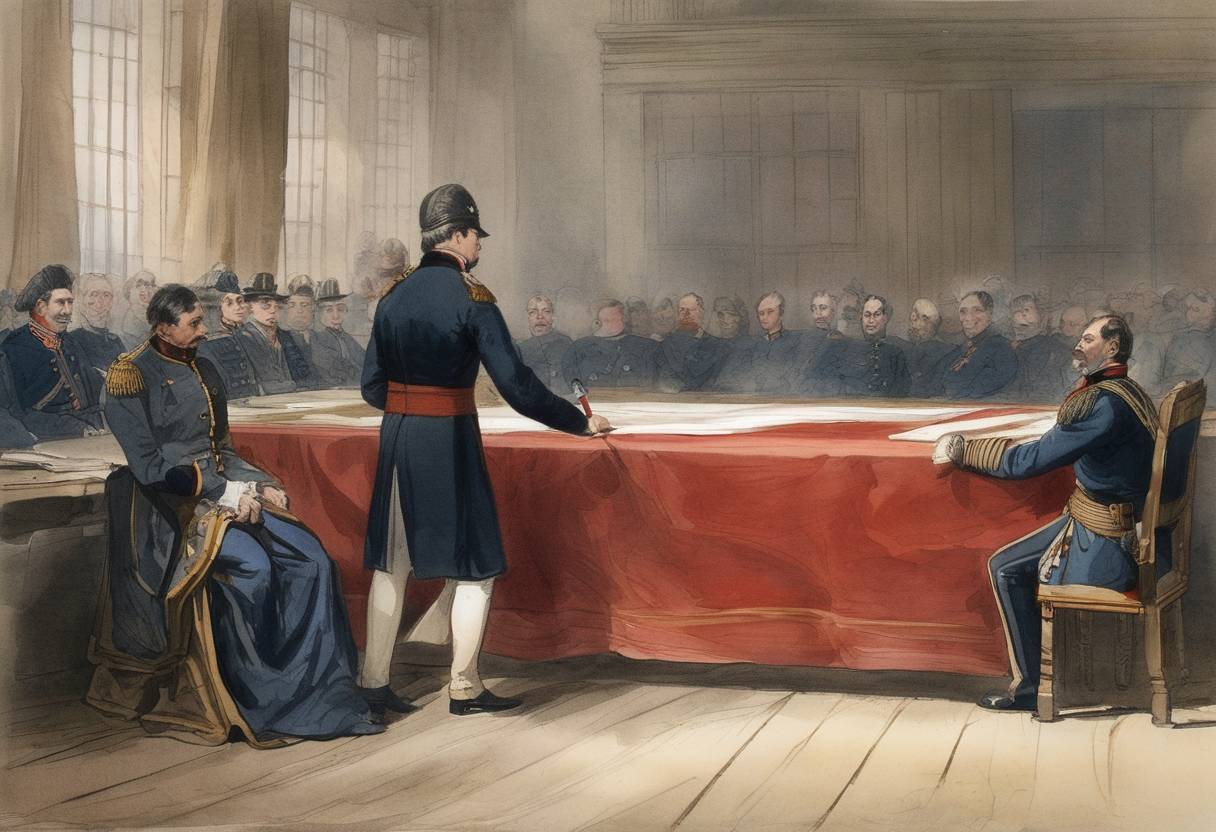 Watercolor painting based depiction of The English court issues the first ever civilian court-martial on British soil, which was held in London for mutiny during the Crimean War supplies scandal. (1849)