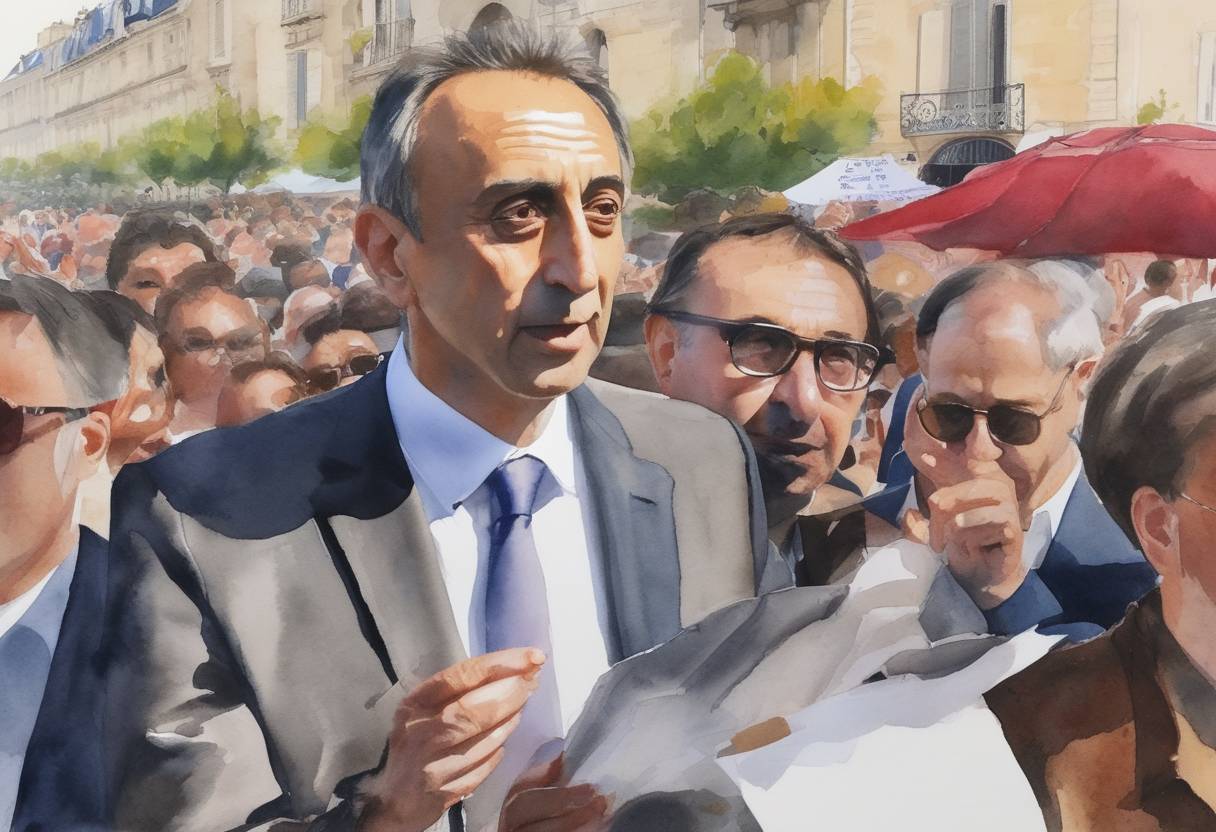 Watercolor painting based depiction of In France, the far-right journalist and presidential candidate Éric Zemmour faced criticism over remarks made during a campaign rally, which were seen as controversial and polarizing, impacting the public and political discourse ahead of the elections. (2022)
