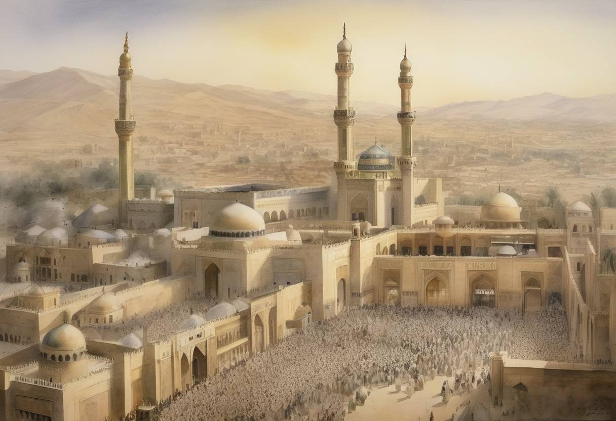 Watercolor painting based depiction of The Abbasid Caliphate's Fourth Fitna, a civil war, intensifies when the Alid Revolt escalates in the Hejaz. (810)