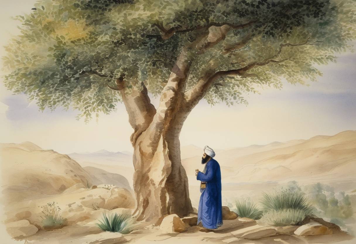 Watercolor painting based depiction of The Báb, central figure in Babism, and a fore-runner to the Baháʼí Faith, claimed his revelation, culminating in the movement's most intense period of development. (1844)