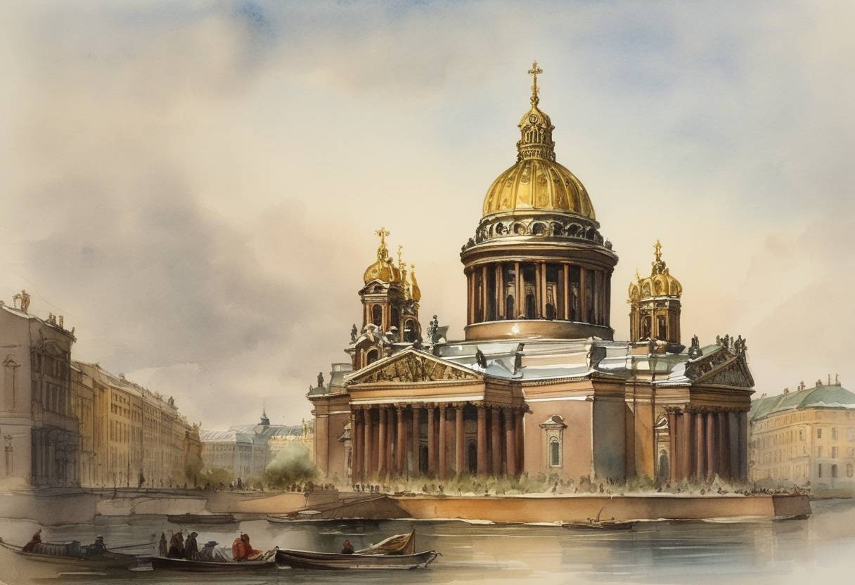 Watercolor painting based depiction of Saint Isaac's Cathedral in St. Petersburg, Russia, was founded on this day. (1768)
