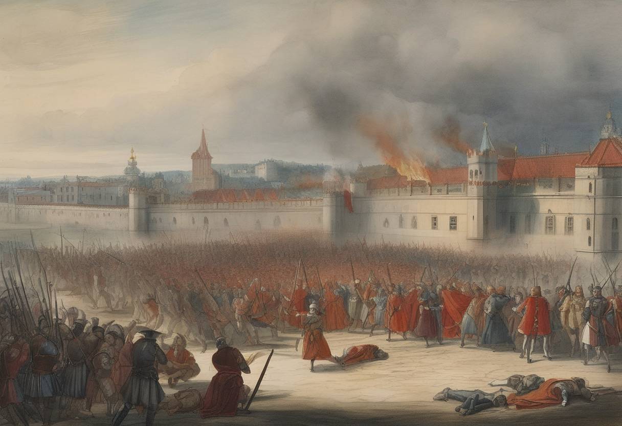 Watercolor painting based depiction of The Linköping Bloodbath, execution of five nobles after the War against Sigismund by order of Duke Charles. (1600)