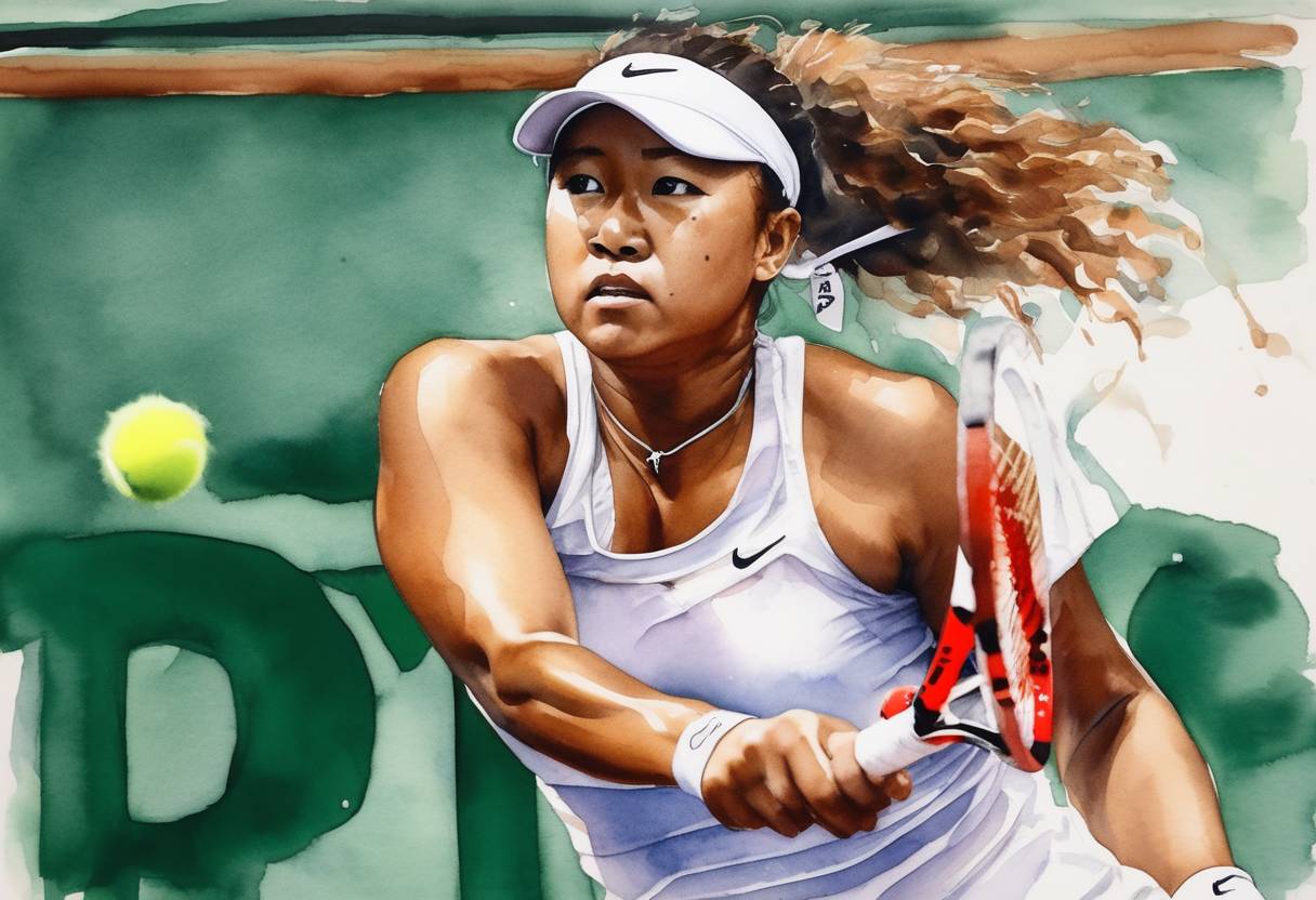 Watercolor painting based depiction of Naomi Osaka, a Japanese professional tennis player, withdrew from the French Open, citing mental health struggles after being fined for refusing to attend mandatory press conferences. (2021)
