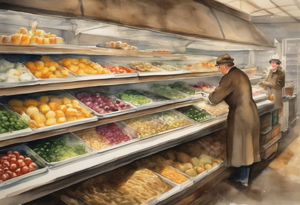 Watercolor painting based depiction of Clarence Birdseye developed and categorized frozen foods in Springfield, Massachusetts, revolutionizing food preservation and storage. (1930)