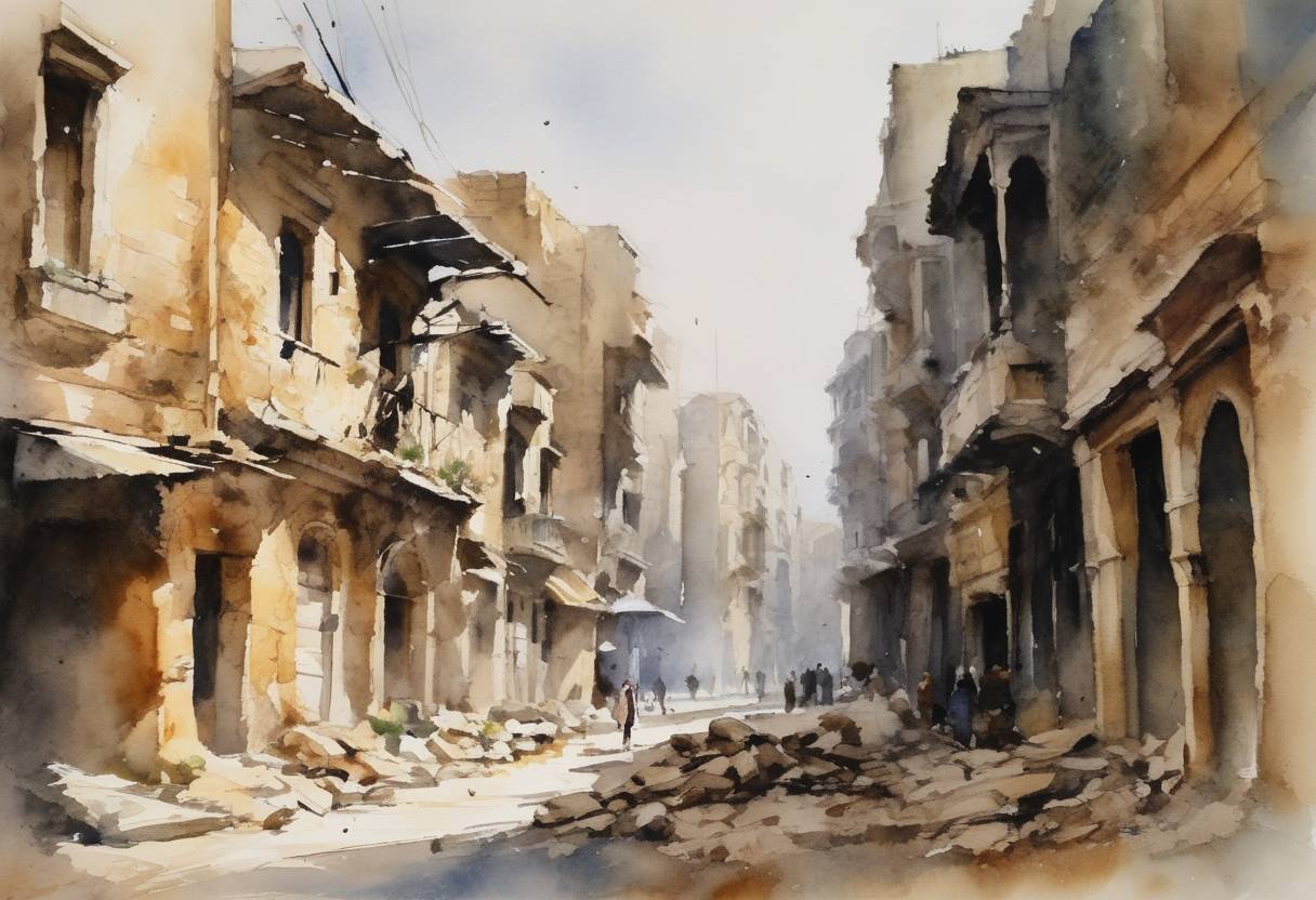 Watercolor painting based depiction of The city of Aleppo in modern-day Syria suffered a devastating earthquake, considered one of the deadliest in recorded history. The quake caused widespread destruction, and it is estimated to have resulted in the deaths of more than 230,000 people. (1138)