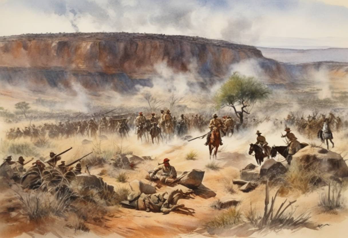 Watercolor painting based depiction of The Battle of Waterberg takes place during the German campaign against the Herero in German South West Africa, modern-day Namibia. This battle was part of the larger Herero Wars between the German colonial forces and the Herero people. (1904)