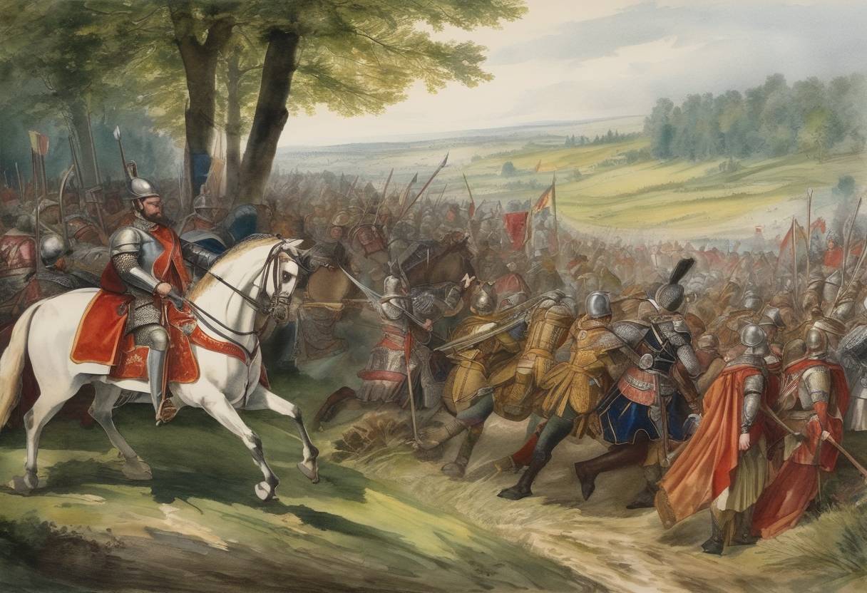 Watercolor painting based depiction of Louis IV, Duke of Bavaria, defeated Frederick I of Austria in the Battle of Gammelsdorf, which was a significant conflict in the continuing struggle between the Wittelsbach and Habsburg dynasties over influence in the Holy Roman Empire. (1313)