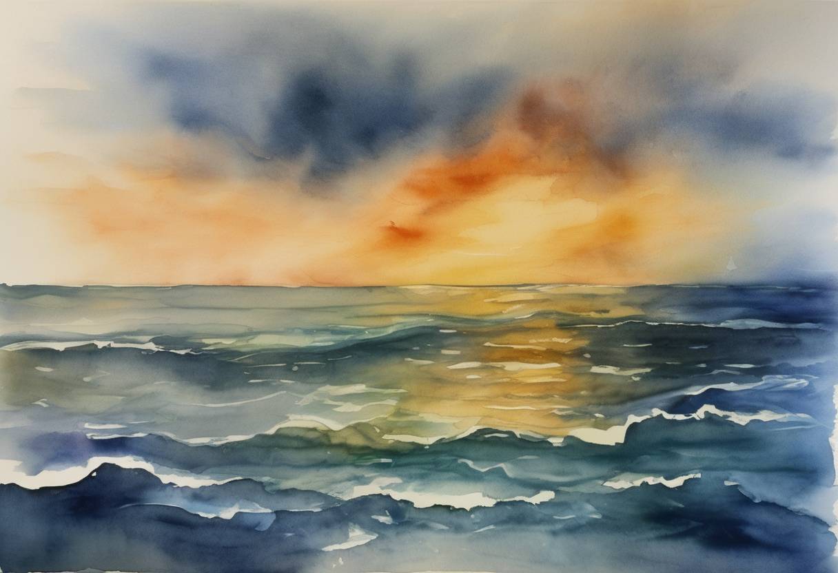 Watercolor painting based depiction of Underwater oil leak caused by the Deepwater Horizon spill is capped. (2010)