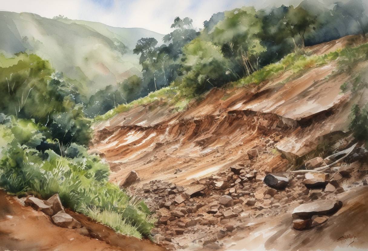 Watercolor painting based depiction of A landslide killed at least 32 people in the resort town of Bududa, Uganda, situated at the base of Mount Elgon. (2010)
