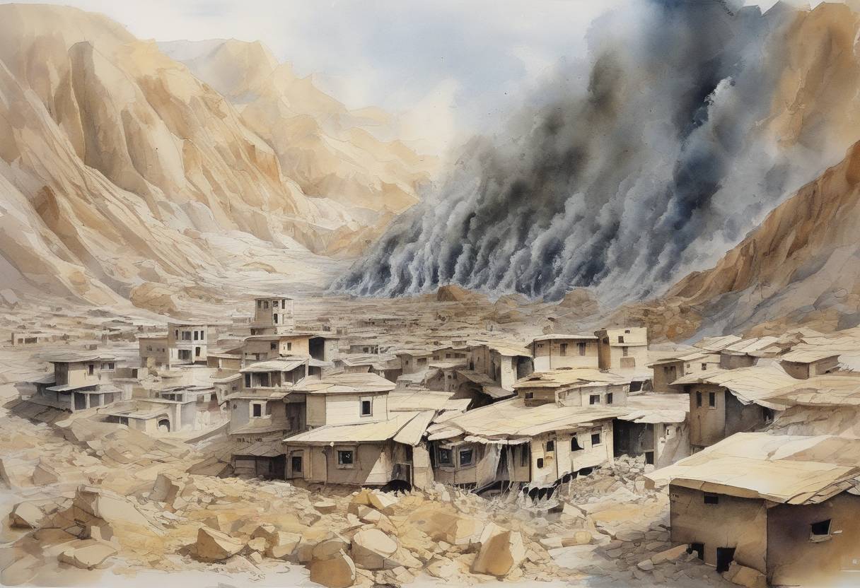 Watercolor painting based depiction of An earthquake measuring 7.4 on the Richter scale hits Iran, killing about 40,000 people. (1990)