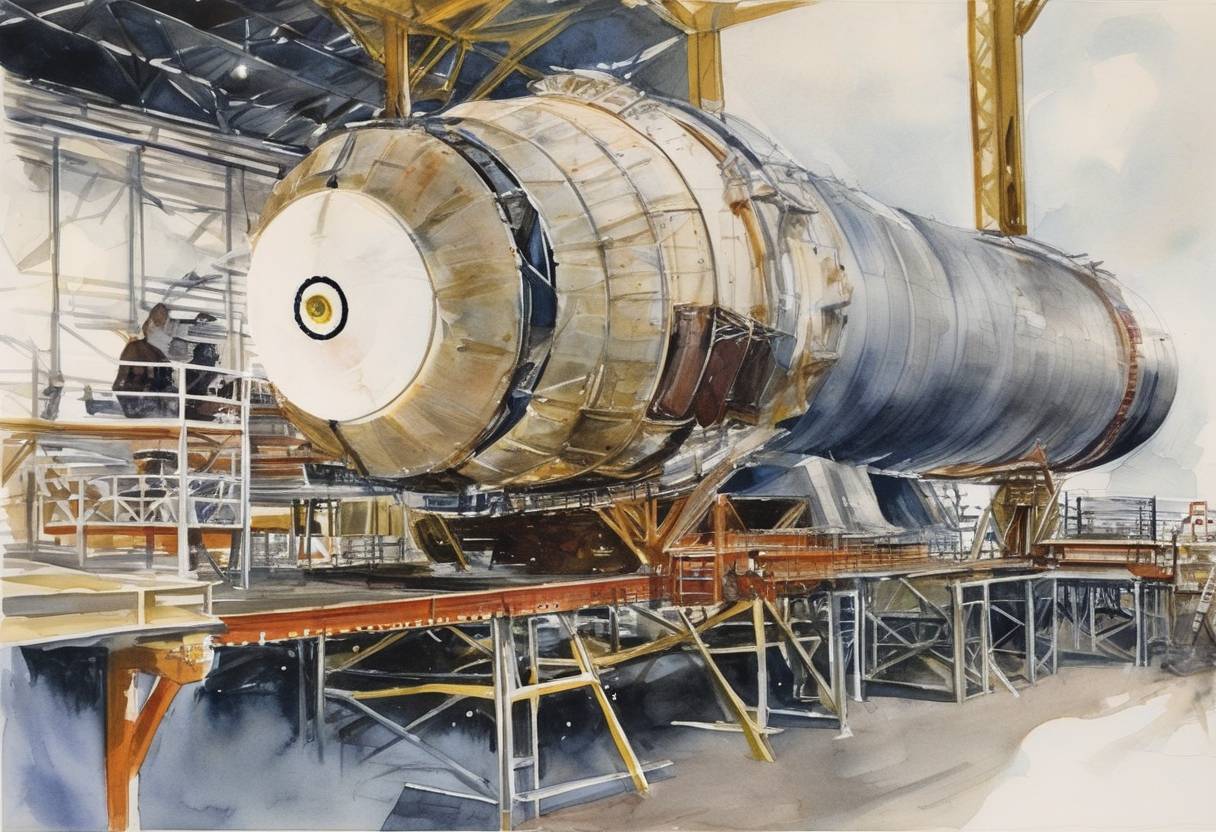 Watercolor painting based depiction of The first launch of a Saturn IB (AS-201), an uncrewed mission, was conducted successfully by NASA as part of the Apollo program, marking a significant step in the buildup to human space exploration. (1966)