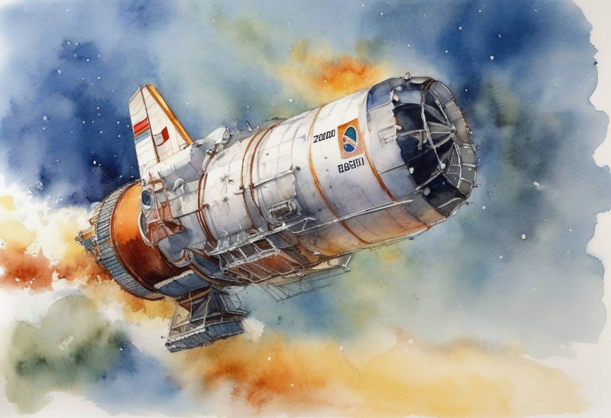 Watercolor painting based depiction of Soyuz TM-31, the first spacecraft to head to the International Space Station with a crew on board, is launched. (2000)