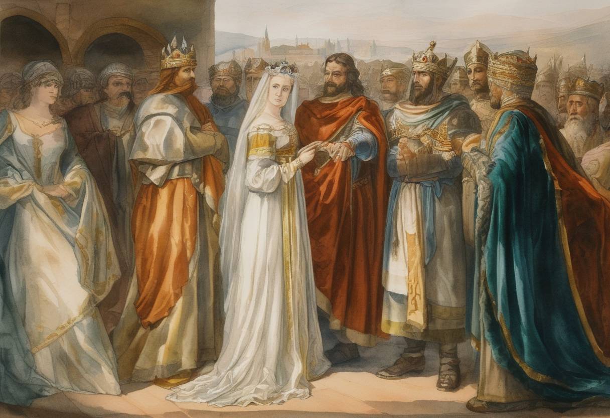 Watercolor painting based depiction of King Authari of the Lombards married Theodelinda, Bavarian princess, which marked a significant alliance and consolidation of power within the Lombard kingdom in Italy. (589)