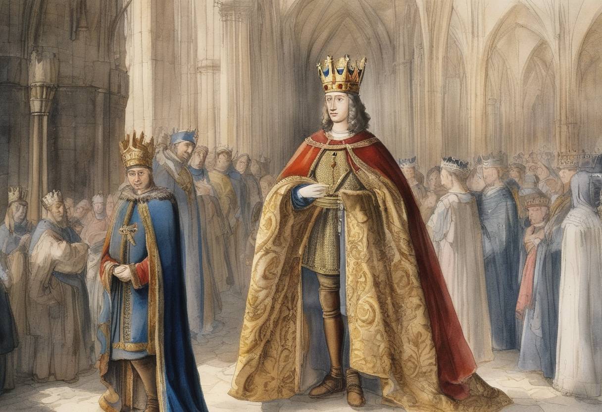 Watercolor painting based depiction of King Charles VI of France, also known as Charles the Well-Beloved and later Charles the Mad, was crowned at the age of 12 at Reims, beginning his reign as King of France. (1380)