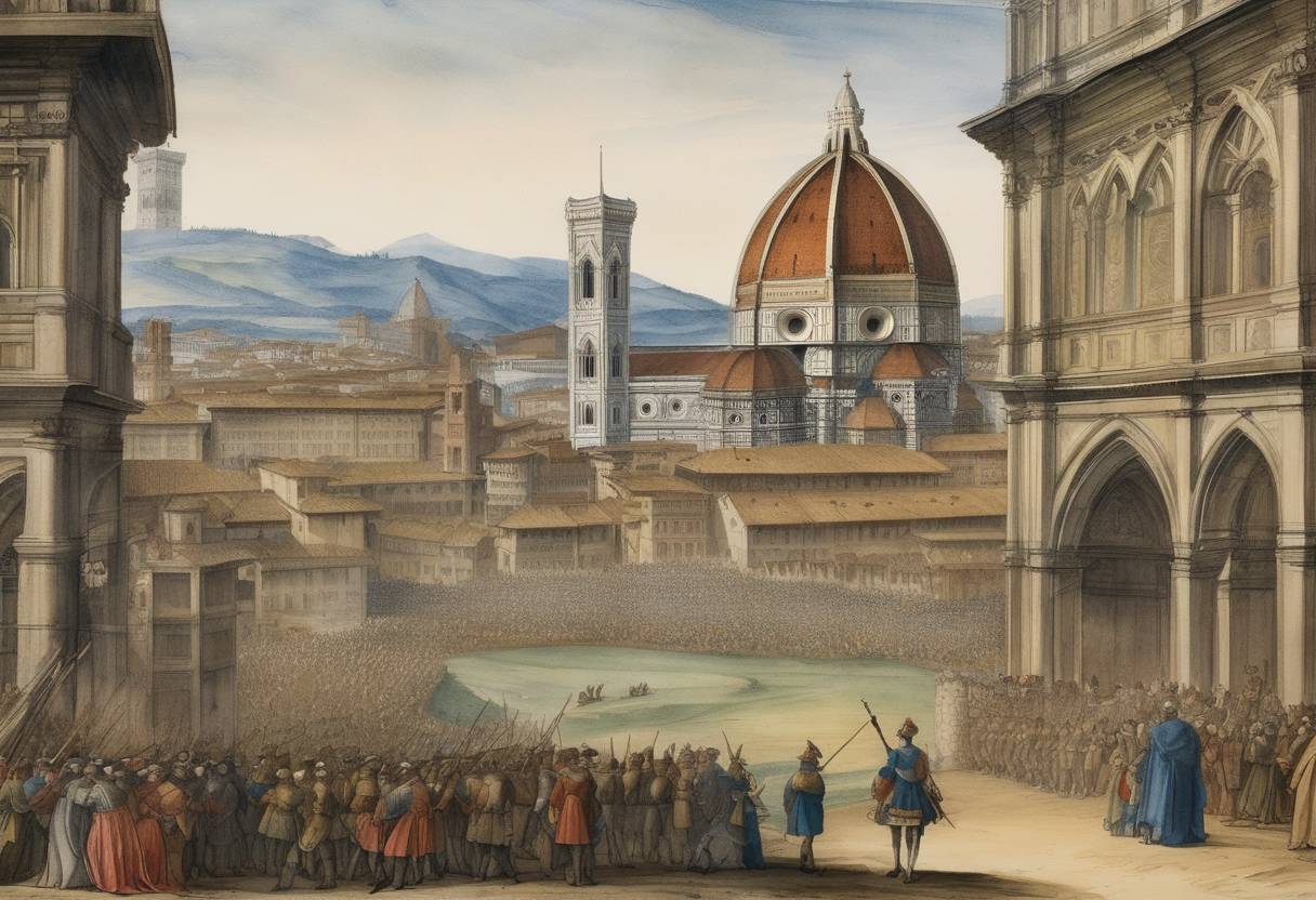 Watercolor painting based depiction of Florence capitulates to the army of Charles V after the Siege of Florence. (1530)