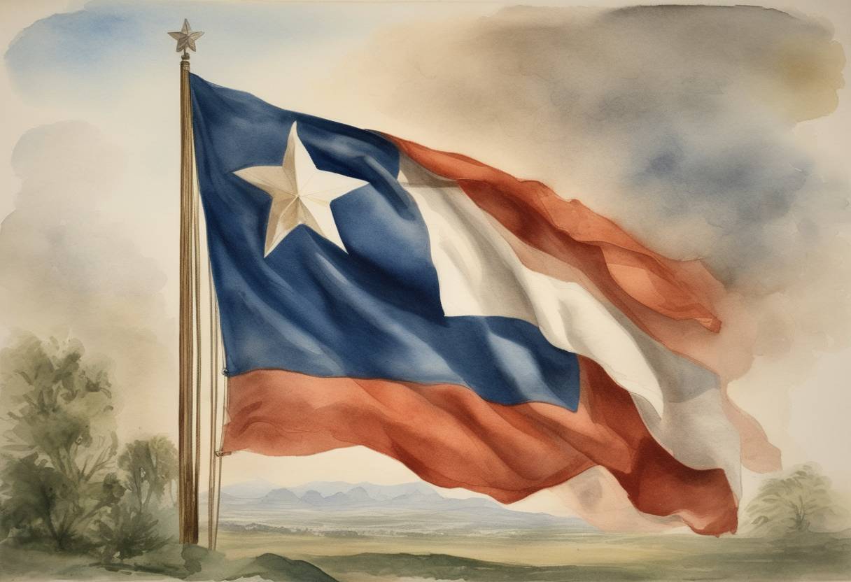 Watercolor painting based depiction of The Republic of Texas was officially granted a flag similar to the current state flag by President Sam Houston, known as the Lone Star Flag. (1843)