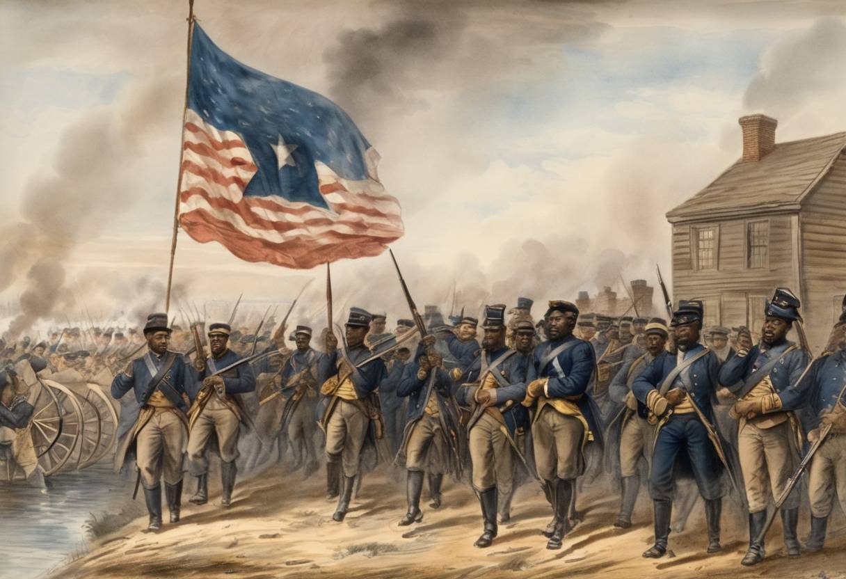 Watercolor painting based depiction of The 54th Massachusetts Volunteer Infantry, one of the first official African American units in the United States Armed Forces, departs from Boston to fight in the American Civil War. (1863)