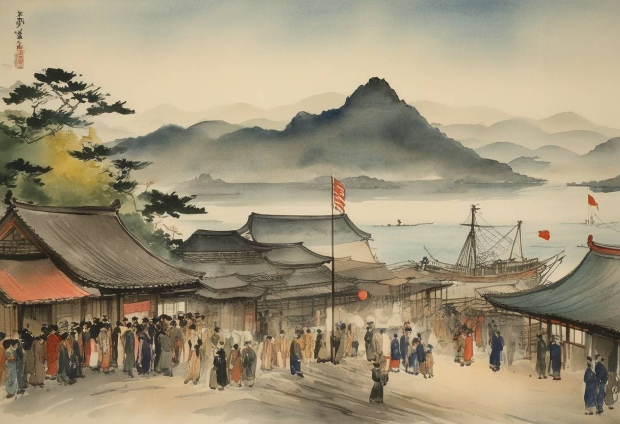 Watercolor painting based depiction of The Treaty of Shimonoseki was signed, formally ending the First Sino-Japanese War. The treaty ceded Taiwan and the Pescadores Islands to Japan, recognized Korea's independence, and imposed severe reparations on China. (1895)