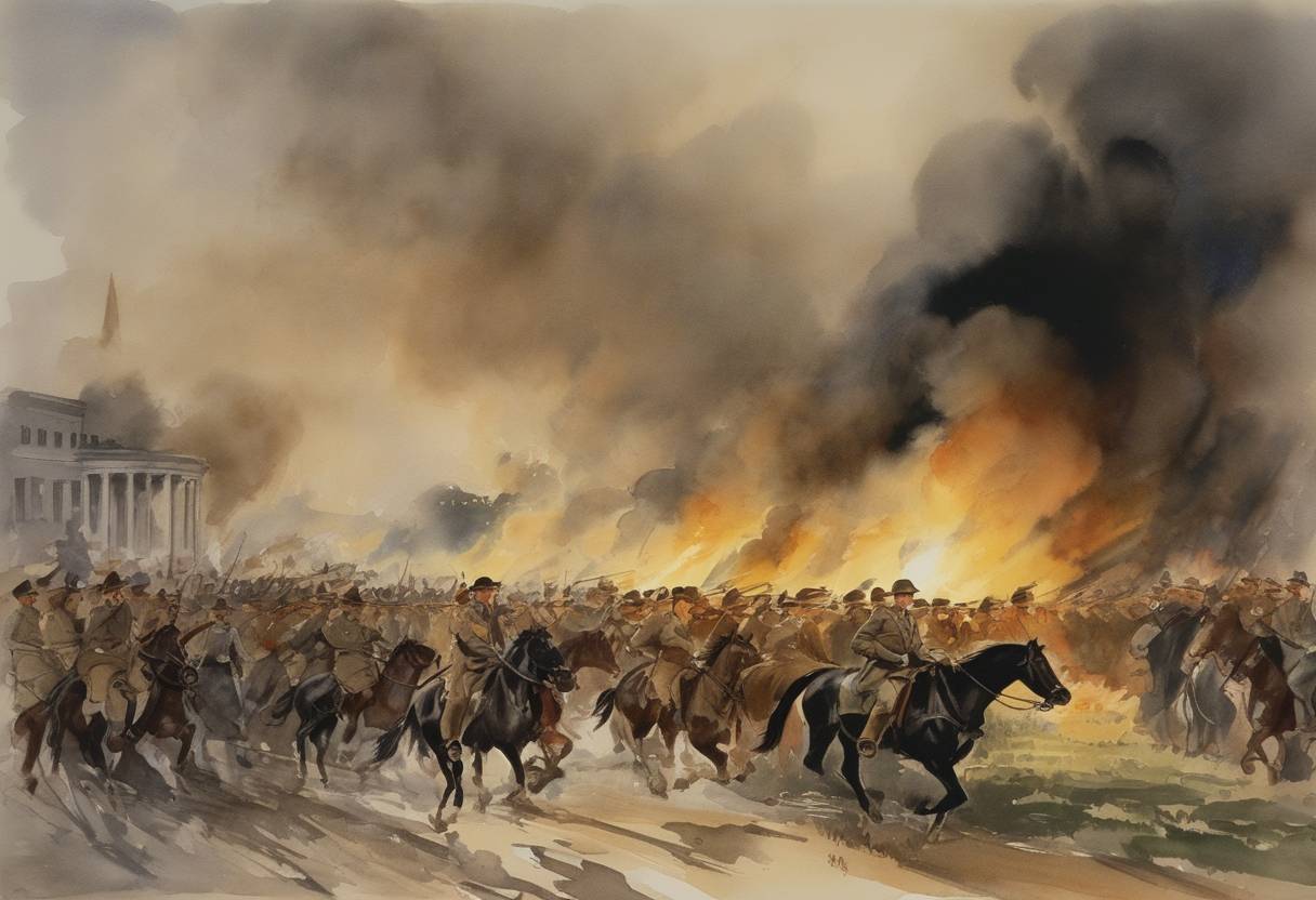 Watercolor painting based depiction of The Bonus Army was forcibly dispersed by the U.S. Army in Washington D.C. (1932)