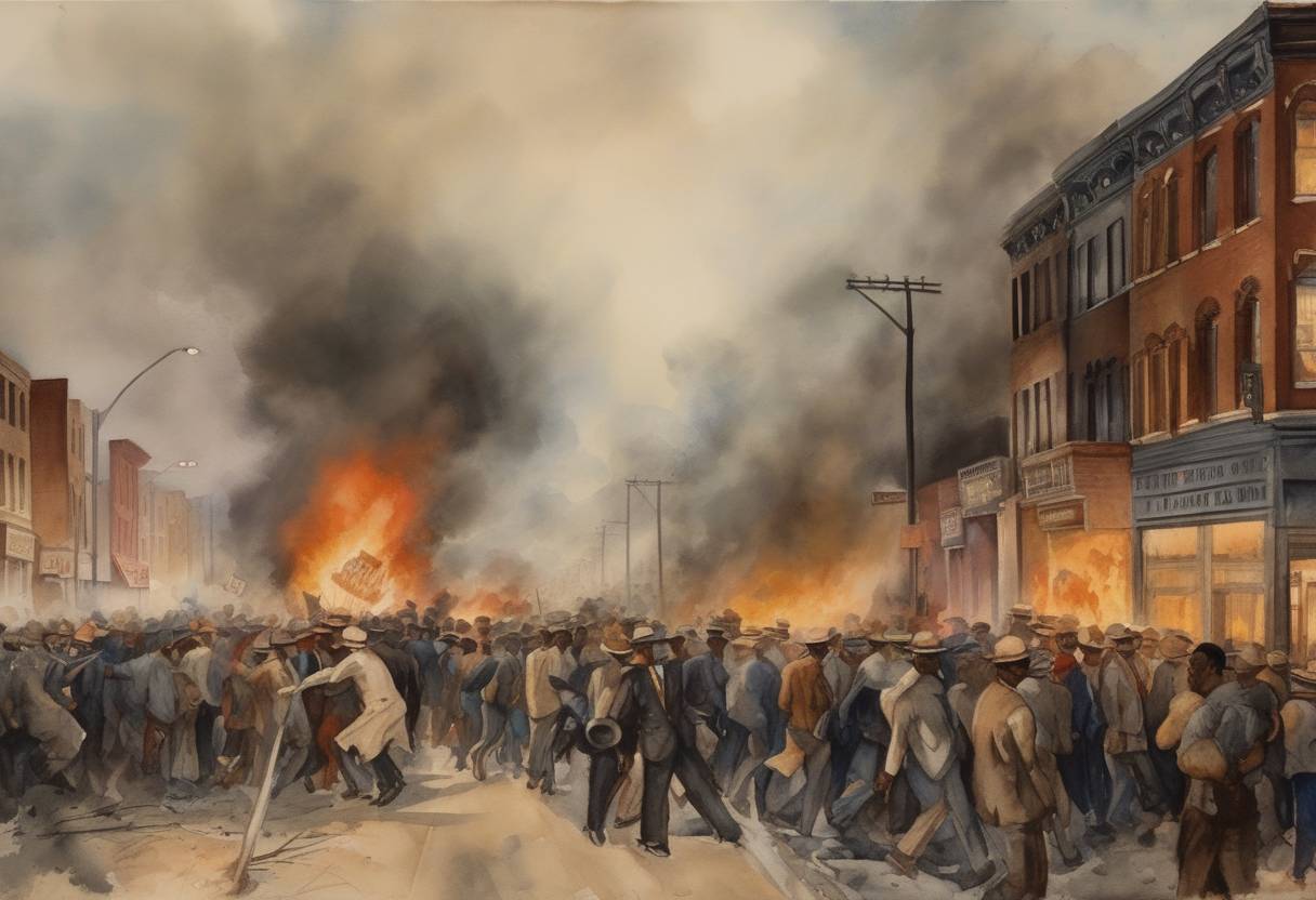 Watercolor painting based depiction of A race riot occurs in Tulsa, Oklahoma, known as one of the most severe incidents of racial violence in U.S. history. Mobs of white residents attack the Black community of Greenwood, resulting in numerous deaths and widespread destruction. (1921)