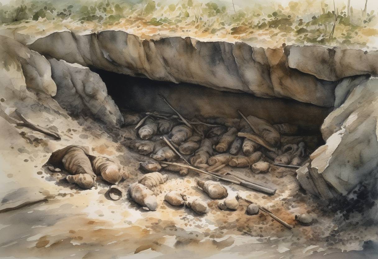 Watercolor painting based depiction of A mass grave containing the bodies of executed dissidents is discovered in Visegrád, Hungary. (1990)