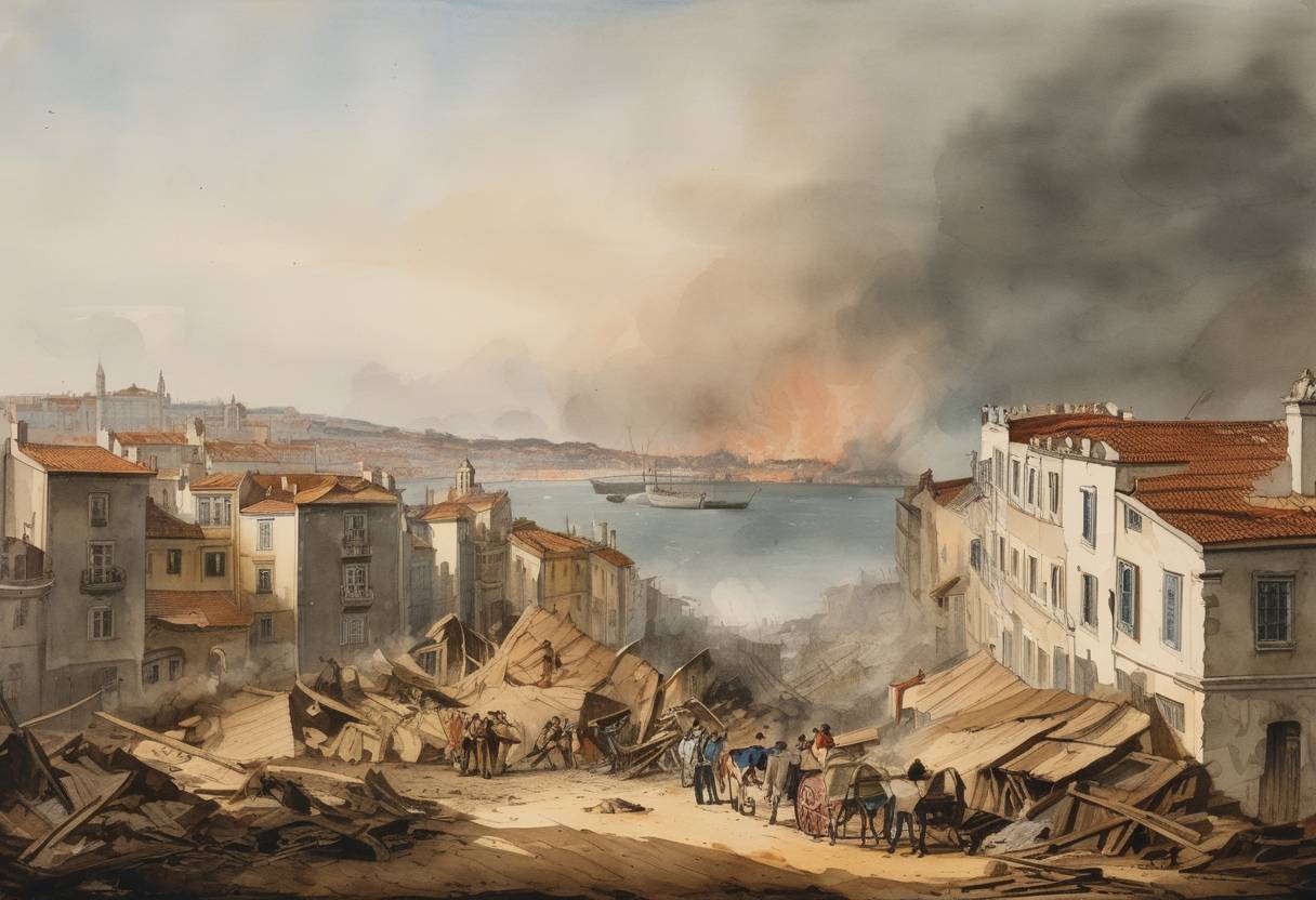 Watercolor painting based depiction of The Great Lisboa earthquake occurred, causing damage in Lisbon and triggering a tsunami. (1755)