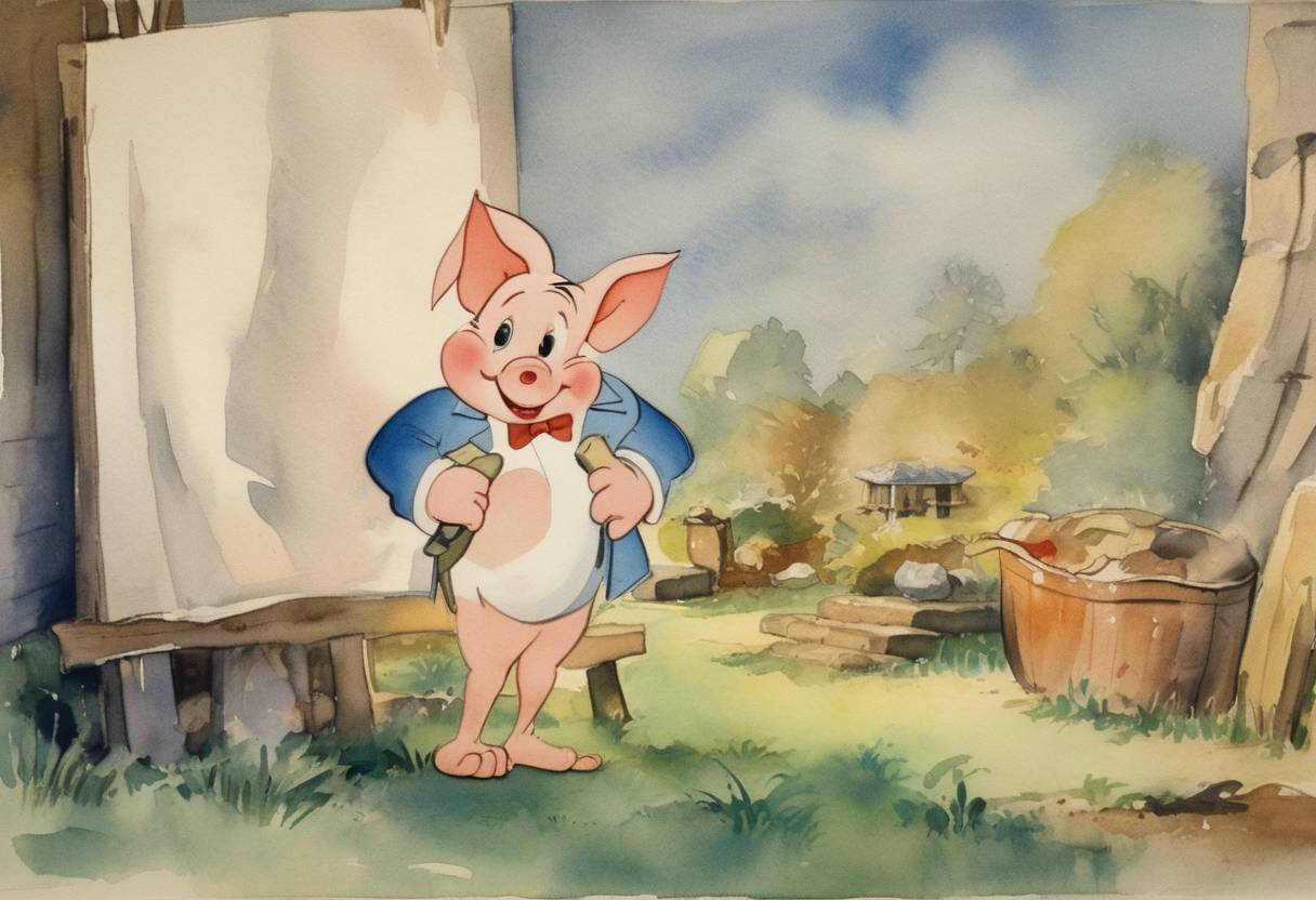 Watercolor painting based depiction of First appearance of the animated cartoon character Porky Pig was made public by Warner Bros. Pictures. (1938)